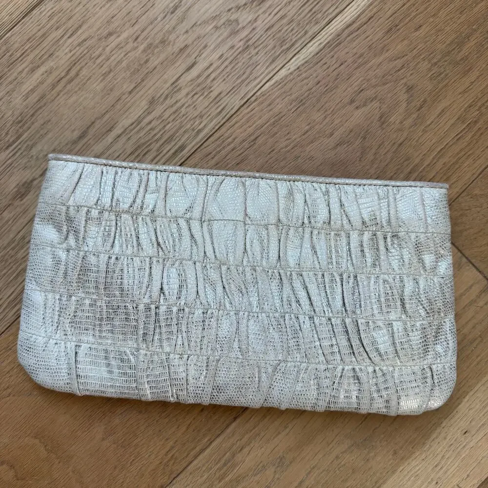 Kaia Peterka Chic Silver Metallic Snakeprint Leather Ruched Clutch Bag Cocktail